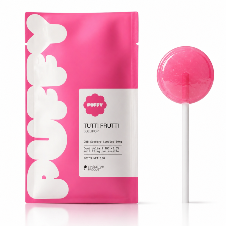 Sucette PUFFY Delta-9 THC 25mg au goût tutti frutti enrichie en CBD – expérience puissante et équilibrée