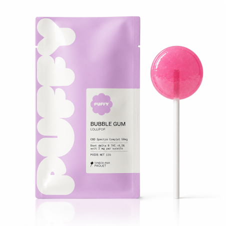 Sucette PUFFY Delta-9 THC 2mg au goût bubble gum avec CBD – expérience légère, progressive et équilibrée
