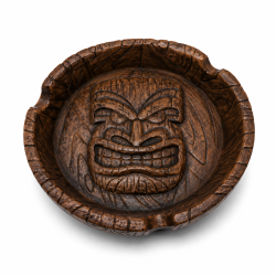 Cendrier résine Tiki 10 cm rond brun avec visage tiki polynésien sculpté en relief et trois encoches