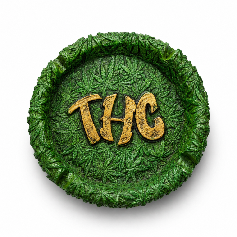 Cendrier résine Green Leaf vert avec inscription THC dorée et feuilles de cannabis en relief