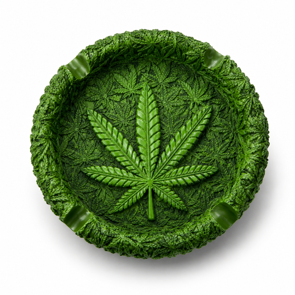 Cendrier résine Green Leaf vert rond avec feuille de cannabis en relief et bordure texturée