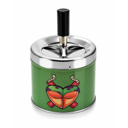 Cendrier poussoir Love vert en métal avec poussoir chromé et motif cœur graphique coloré