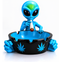 Cendrier géant alien en céramique 33 cm, personnage extraterrestre bleu tenant un grand bol noir à feuilles