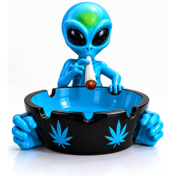 Cendrier géant alien en céramique 33 cm, personnage extraterrestre bleu tenant un grand bol noir à feuilles