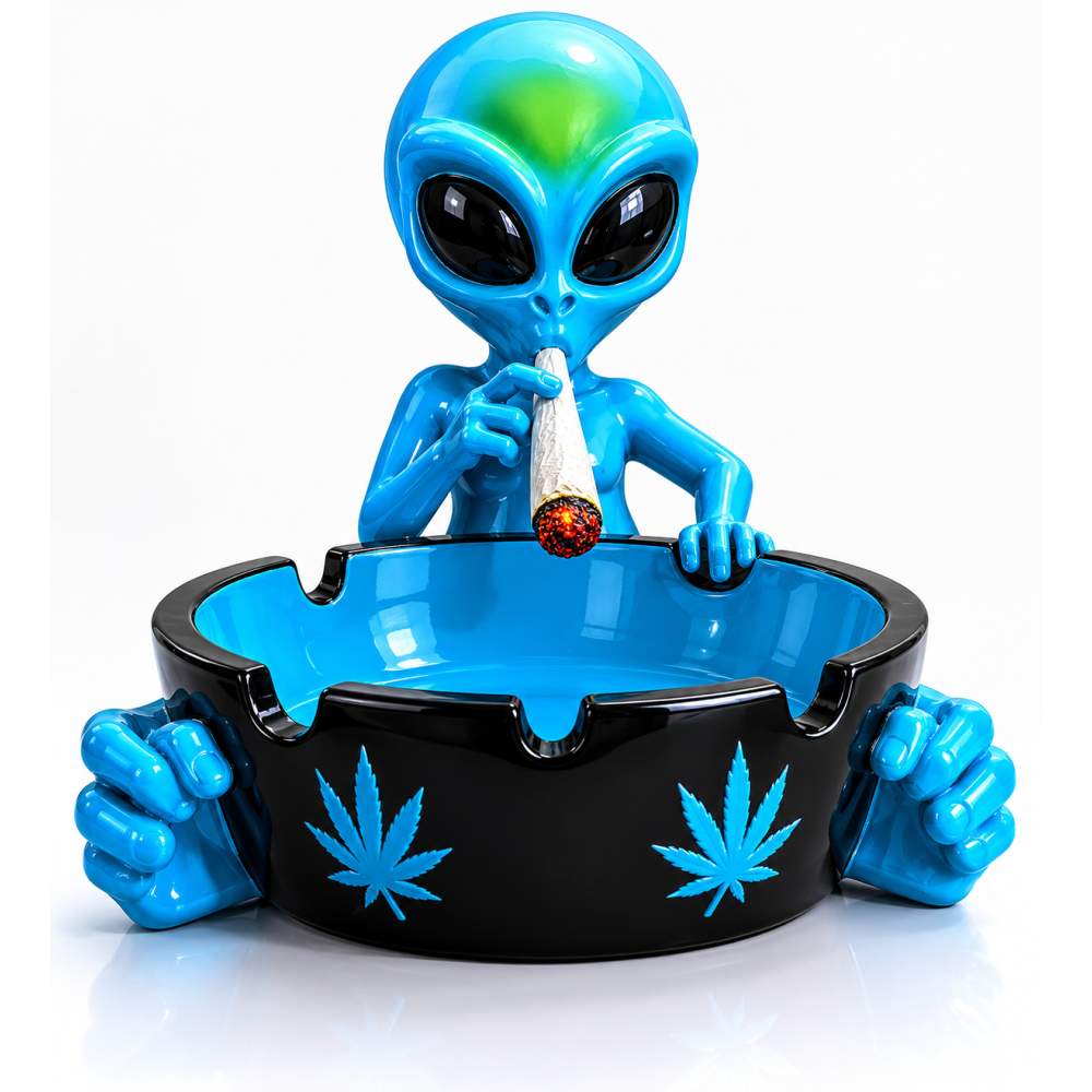 Cendrier géant alien en céramique 33 cm, personnage extraterrestre bleu tenant un grand bol noir à feuilles