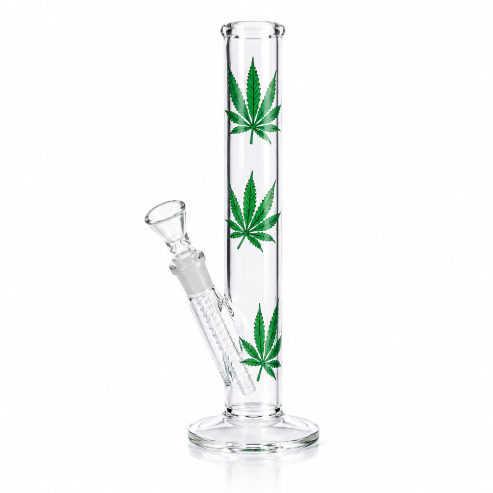 Bang en verre Multi Leaf Hangover transparent avec motifs feuilles verts disponible sur CBD GARDEN