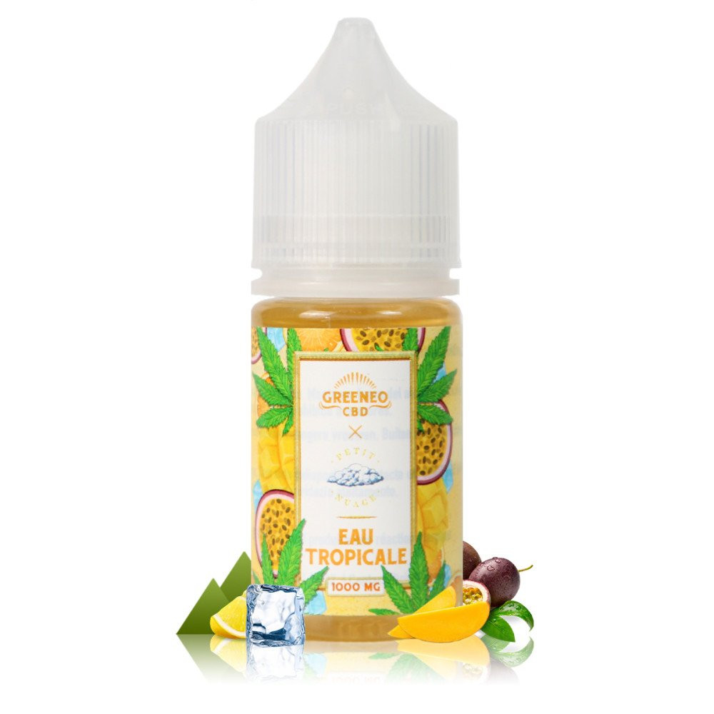 E-liquide CBD 30 ml Greeneo x Petit Nuage dosé à 1000 mg, disponible en saveurs Goyave Frappée et L’Eau Tropicale.