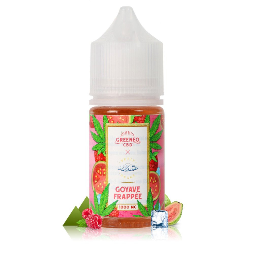 E-liquide CBD 30 ml Greeneo x Petit Nuage dosé à 1000 mg, disponible en saveurs Goyave Frappée et L’Eau Tropicale.